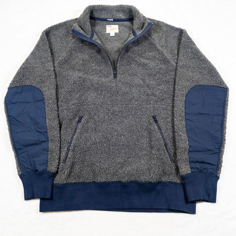 J.Crew Quarter Zip Sweater Men S Grey Sherpa Fleece Elbow Patch Outdoor Granola